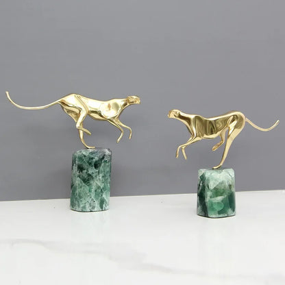 DecorBites™ Golden Leopard Brass Cheetah Green Marble Figurine Metal Decor Accessory