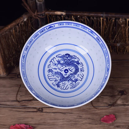 DecorBites™ Dragon Pattern Blue and White Porcelain Ramen Soup Bowl