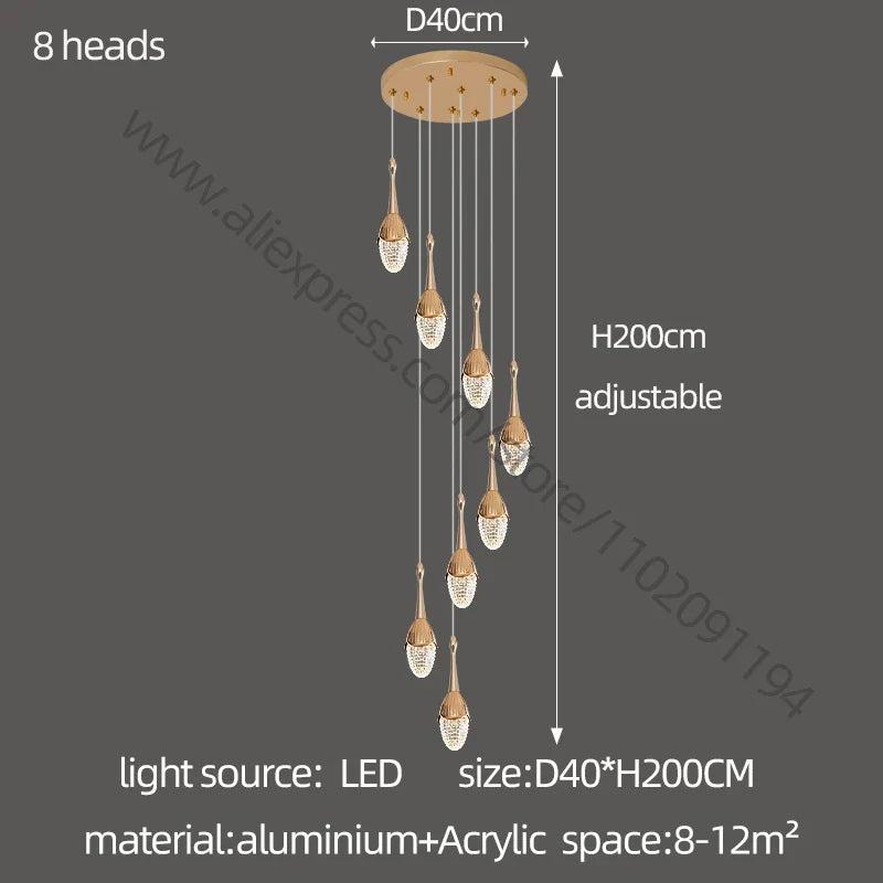 DecorBites™ Gold LED Staircase Chandelier: Elegant Luxury Large Pendant Lamp for Living Room