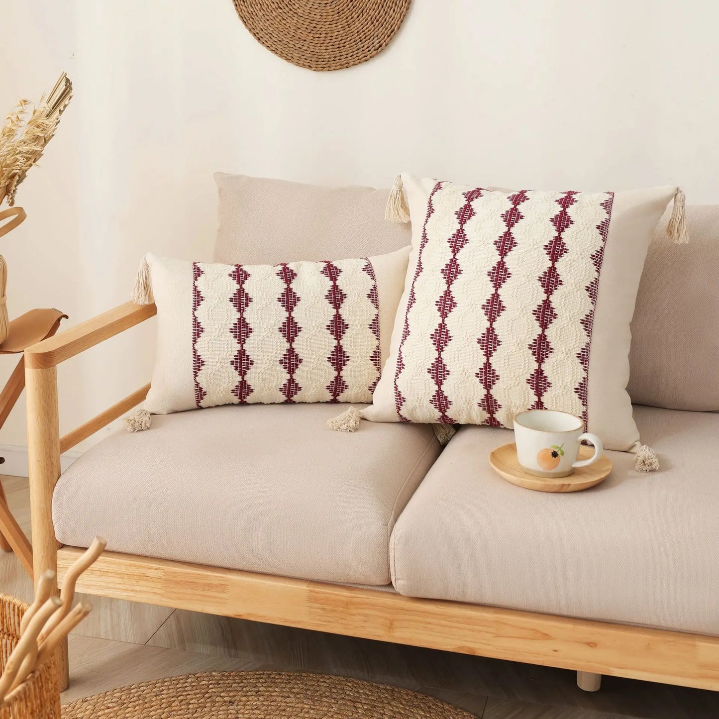 Boho tassel cushion cover beige & gray living room woven pillowcase