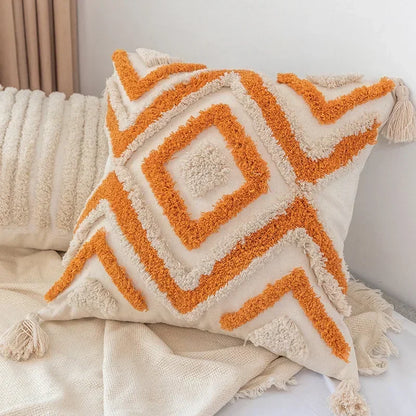 DecorBites™ Geometric Tufted Tassel Pillow Cover - Handcrafted Boho Chic Cushion Cover