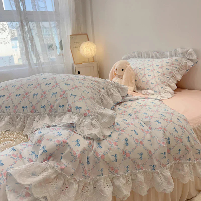 DecorBites™ Korean Princess Style Floral Lace Ruffles Bedding Set with Pillowcase