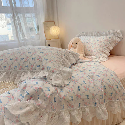 DecorBites™ Korean Princess Style Floral Lace Ruffles Bedding Set with Pillowcase