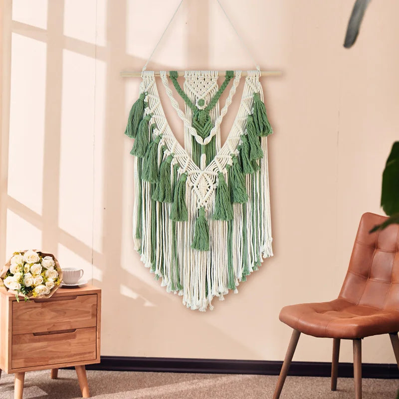 DecorBites™ Green Macrame Tassel Stick Wall Hanging for Home Decoration