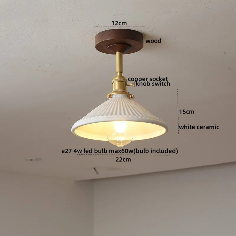Green Glass Ceiling Lamp Copper Wood Accent