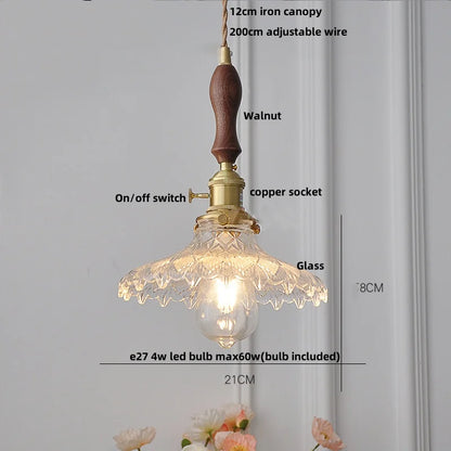 DecorBites™ Glass LED Pendant Lamp Walnut Wood Copper Switch Nordic Hanging Light