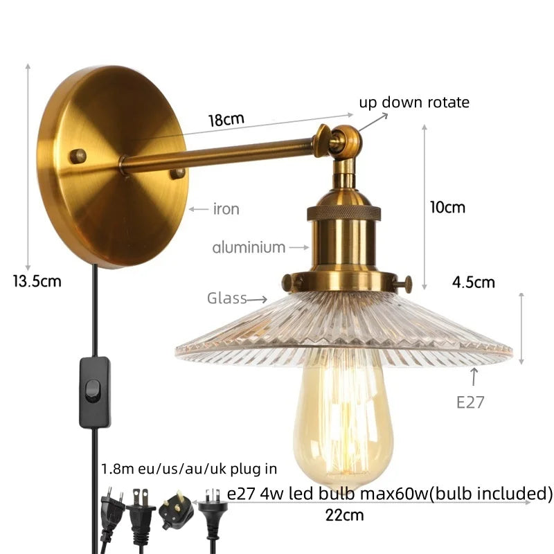 DecorBites™ Industrial Loft LED Wall Light for Bedroom, Bathroom, Stairs - Plug In Iron Lamp