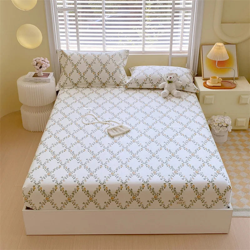 DecorBites™ Cotton Striped Fitted Bed Sheet for Queen Double Mattress Cover