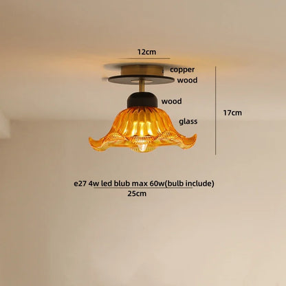 DecorBites™ Amber Ice Crack Glass Wood Ceiling Light - Nordic Modern LED Fixture