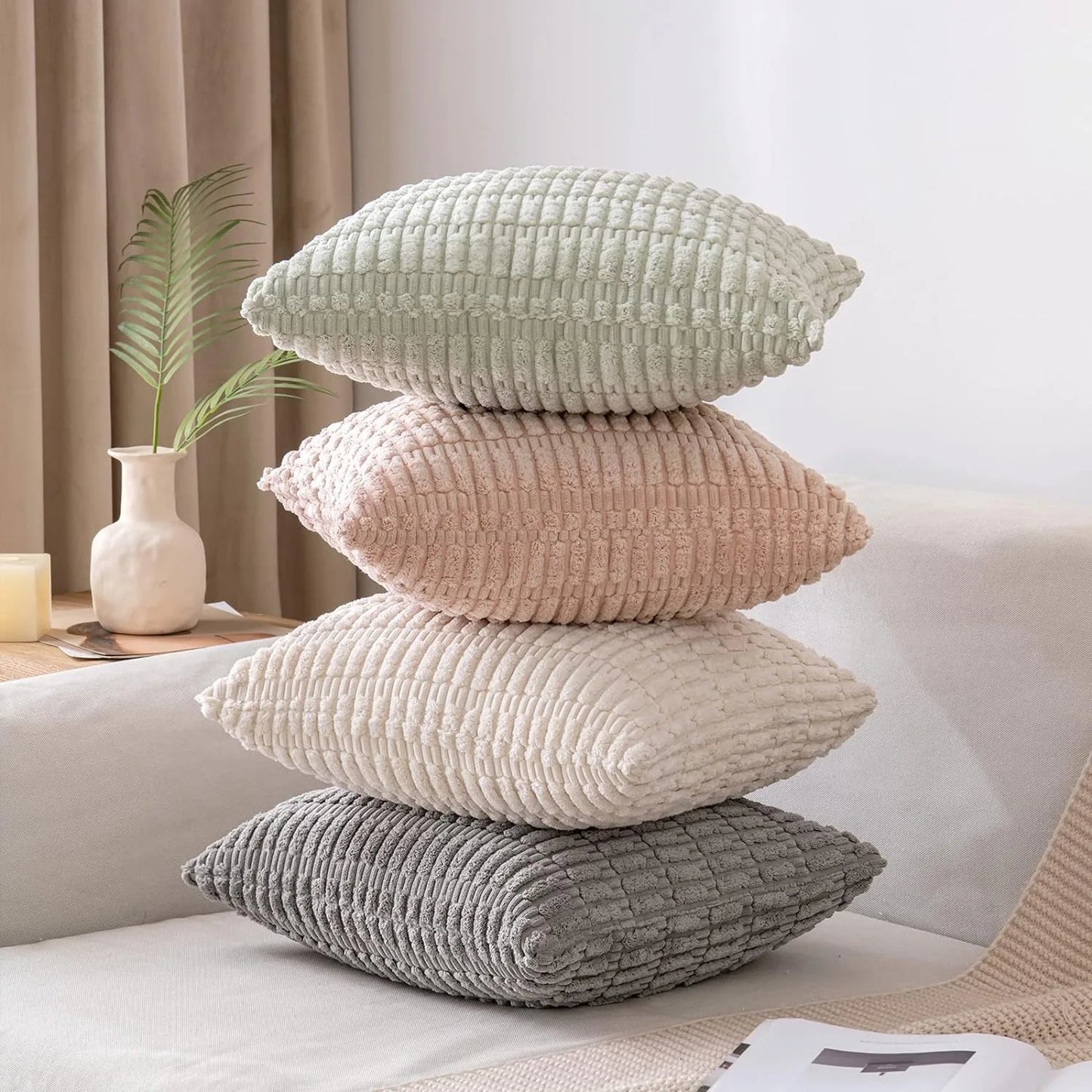 DecorBites™ Corduroy Striped Throw Pillow Covers | Soft White Decorative Square Cushion Case