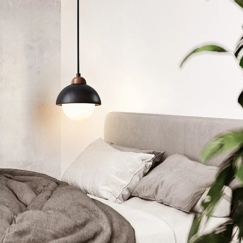 DecorBites™ Glass Ball LED Pendant Lights Black Travertine Wabi Sabi Hanging Lamp