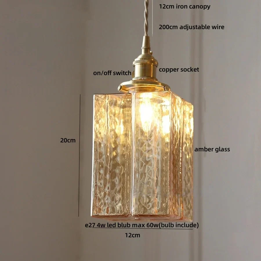 DecorBites™ Cube Amber Glass LED Pendant Lamp | Modern Hanging Light Fixtures