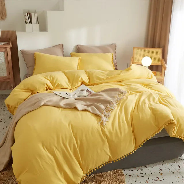 DecorBites™ Furball Tasseles Bedding Set | King/Queen Duvet Cover & Washed Quilt Cover Set