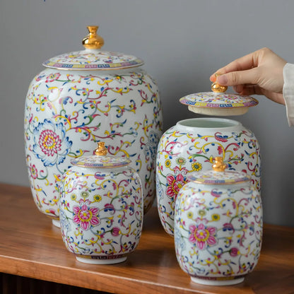 DecorBites™ Enamelled Porcelain Tea Caddy Ginger Jar - Desktop Storage Container