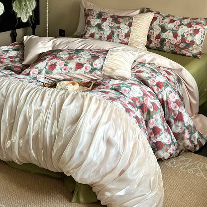 DecorBites™ French Rustic Rose Flowers Duvet Set with Pleated Ruffles & Egyptian Cotton