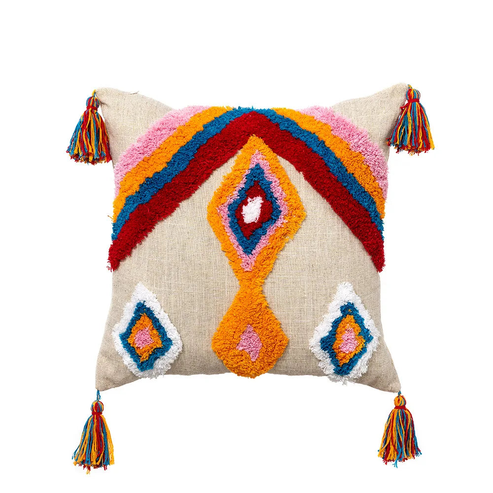 DecorBites™ Geometric Hand-Embroidered Tassel Pillowcase