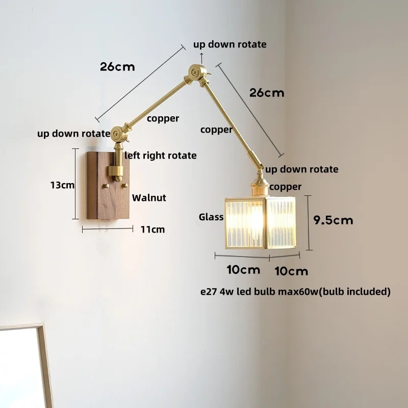 DecorBites™ Cube Glass LED Wall Sconce Walnut Wood 2 Arms Rotatable Mirror Light