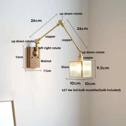 DecorBites™ Cube Glass LED Wall Sconce Walnut Wood 2 Arms Rotatable Mirror Light