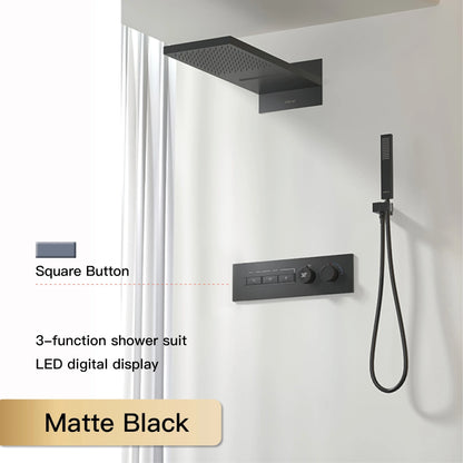 Luxury  black brass shower system wall-mounted LED digital display design Cold & hot dual-control 4-function ceiling shower Tap