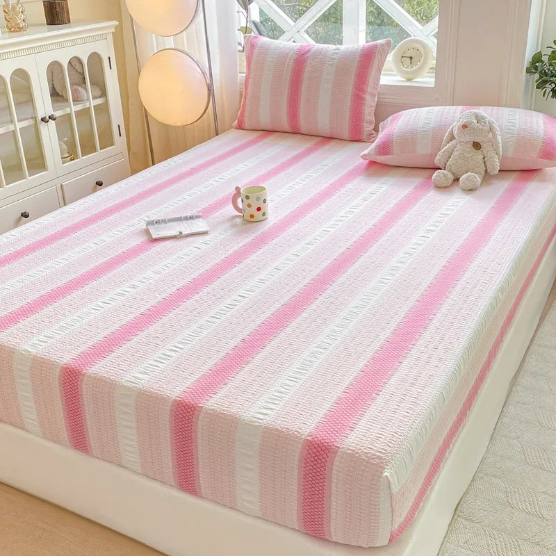 DecorBites™ Cotton Jacquard Fitted Sheet Set with 2 Pillowcases, Dustproof & Anti-Slip