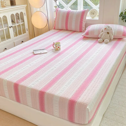 DecorBites™ Cotton Jacquard Fitted Sheet Set with 2 Pillowcases, Dustproof & Anti-Slip