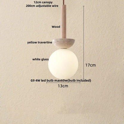 DecorBites™ Glass Ball LED Pendant Lamp for Coffee Living Dining Room with Natural Wood and Stone
