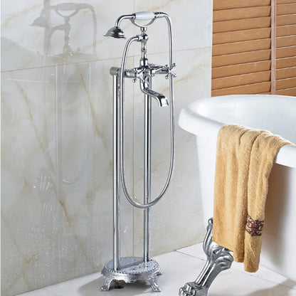 DecorBites™ Brass Freestanding Bathtub Filler with Handshower, Dual Handles & Shower Set