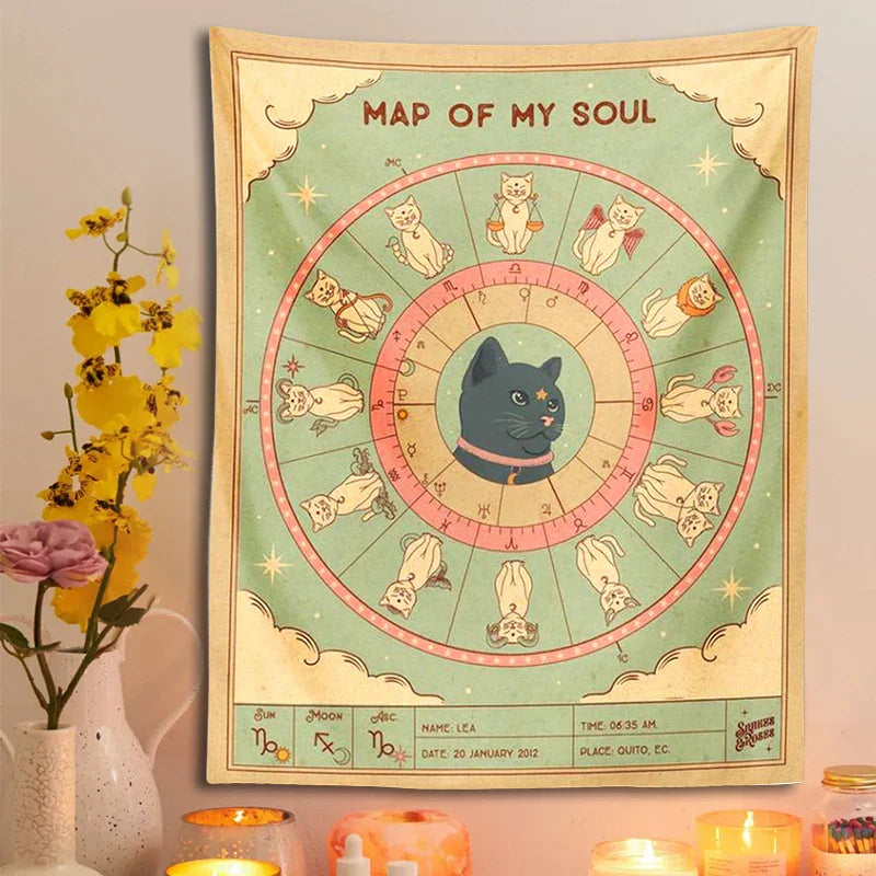 DecorBites™ Cat Tapestry Soul Tarot Zodiac Constellation Wheel Retro Boho Living Room Decor