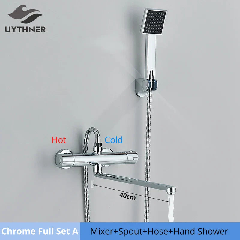DecorBites™ Black/Chrome Thermostatic Shower Set with Brass Wall Mount Mixer Handle Spray