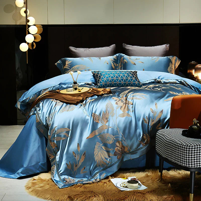 DecorBites™ Gold Leaves Jacquard Cotton Bedding Set with Smooth Egyptian Cotton Duvet Cover