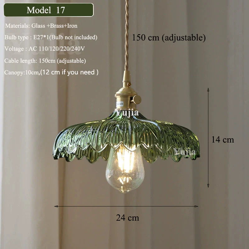 Vintage Green Glass Pendant Light With Brass Finish