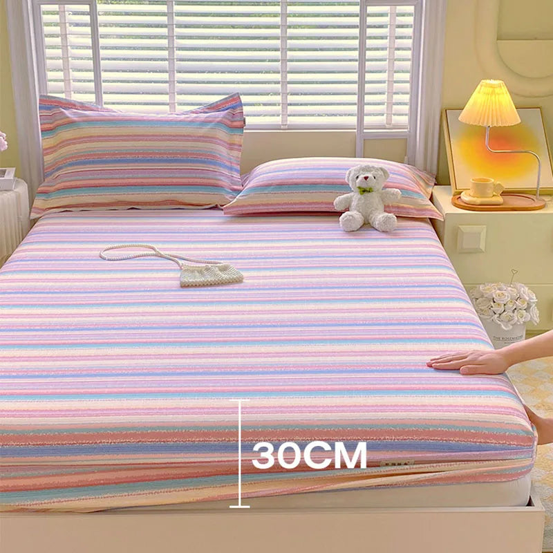 DecorBites™ Cotton Striped Fitted Bed Sheet for Queen Double Mattress Cover