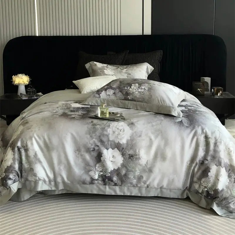 DecorBites™ Flowers Pattern Brushed Bedding Set: Duvet Cover, Bed Sheet, Fitted Sheet, Pillowcase 4Pcs