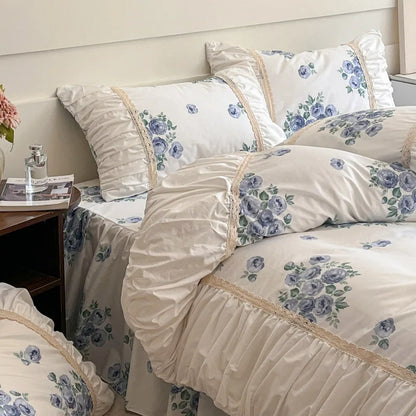 DecorBites™ French Pastoral Princess Lace Bedding Set with Ruffles, 100% Cotton, Queen King