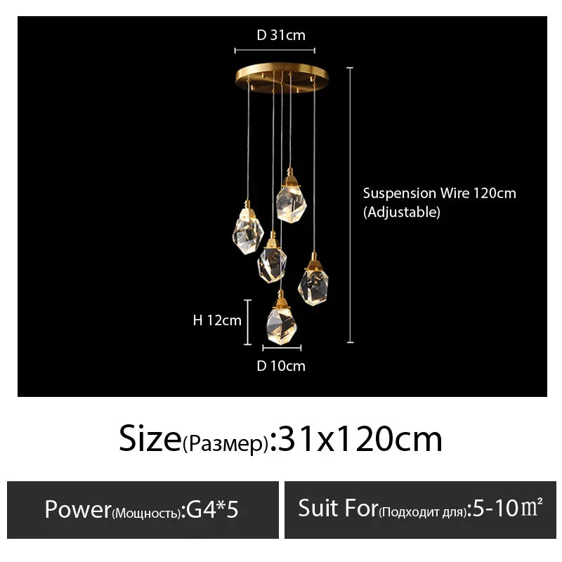 DecorBites™ Diamond Crystal Chandelier Staircase LED Golden Large Living Room Hall Lighting