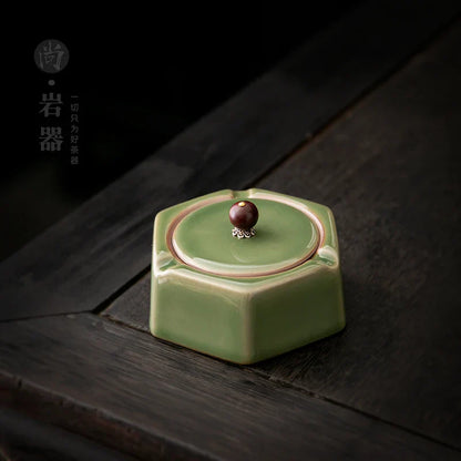 DecorBites™ Geometric Green Ceramic Ashtray - Desk Decoration and Smoking Accessory