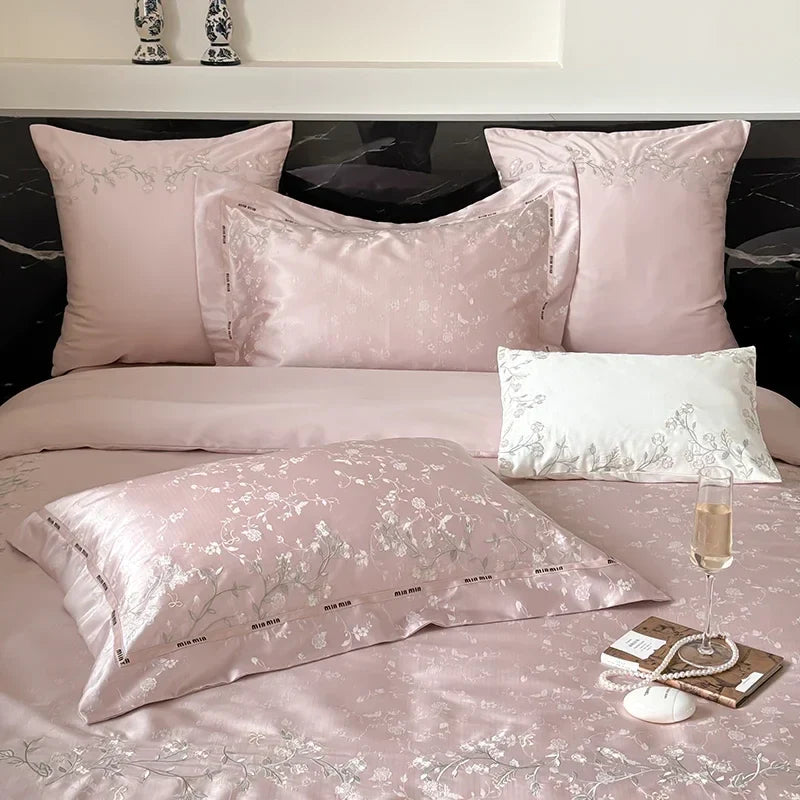 DecorBites™ Jacquard 100s Egyptian Cotton Bedding Set: King Queen Ru Size Sheet Blanket Pillowcase