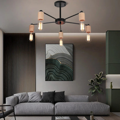 DecorBites™ Industrial Rod Iron Wood Sputnik Chandelier Ceiling Lamp LED E27 Home Lighting