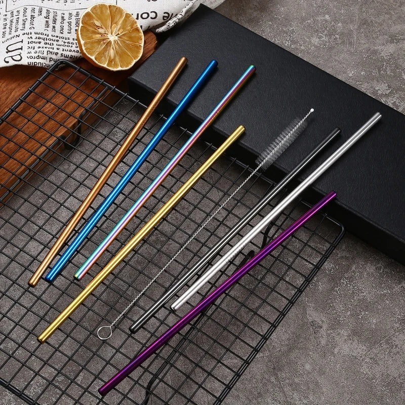 DecorBites™ 304 Stainless Steel Reusable Straws Set for Drinks - Eco-Friendly Metal Curved & Straight