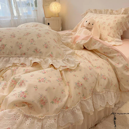 DecorBites™ Korean Princess Style Floral Lace Ruffles Bedding Set with Pillowcase