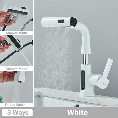 DecorBites™ Digital Display Basin Faucet with 3-Way Nozzle: Pull Out, Rainfall Stream, Hot Cold Mixer
