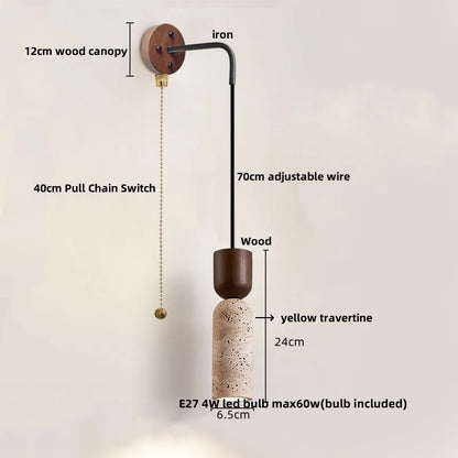 DecorBites™ LED Wall Lamp Pull Chain Switch Wood Nordic Modern Yellow Travertine Mirror Light