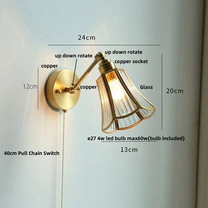 DecorBites™ Clear Glass LED Wall Lights Pull Chain Switch Modern Bedside Lamp