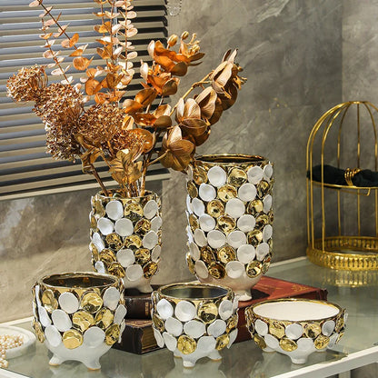 DecorBites™ Geometric Gold Leaf Relief Ceramic Vase - Elegant Hand-Appliqued Flower Pot Home Decor