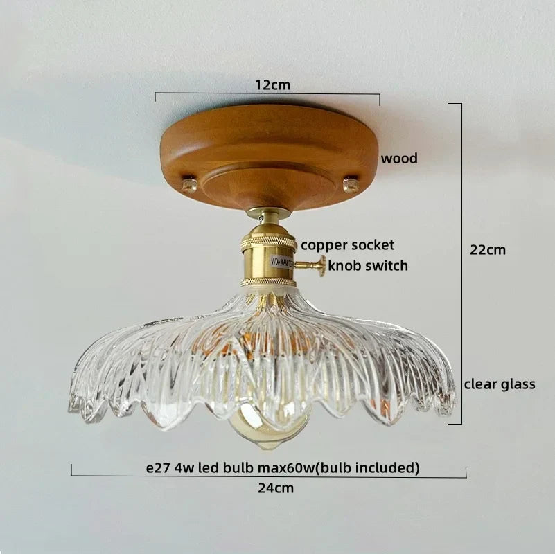 DecorBites™ Green Glass LED Ceiling Lamp Nordic Wood Copper Ceiling Lights