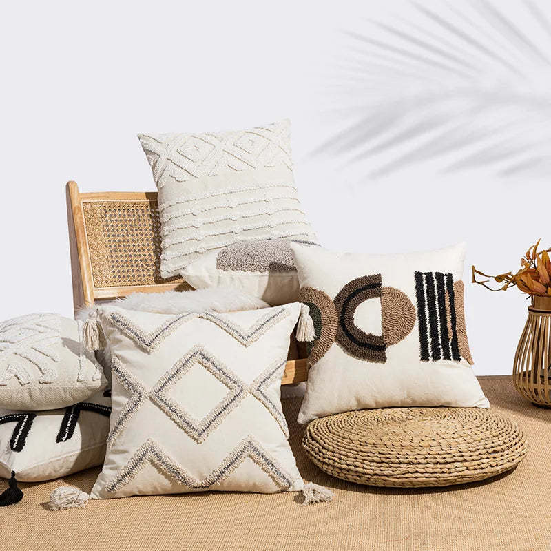 DecorBites™ Geometric Embroidery Tassel Cushion Cover - Grey White Simple Loop Tufted Pillow