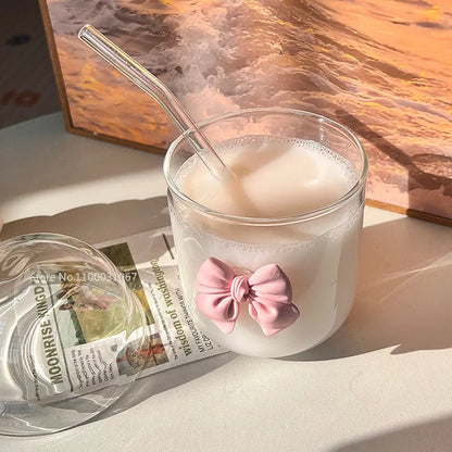 DecorBites™ Glass Cup with Lid, Straw, and Pink Bow Tie: Cute, Simple, High-Value Coffee Cup