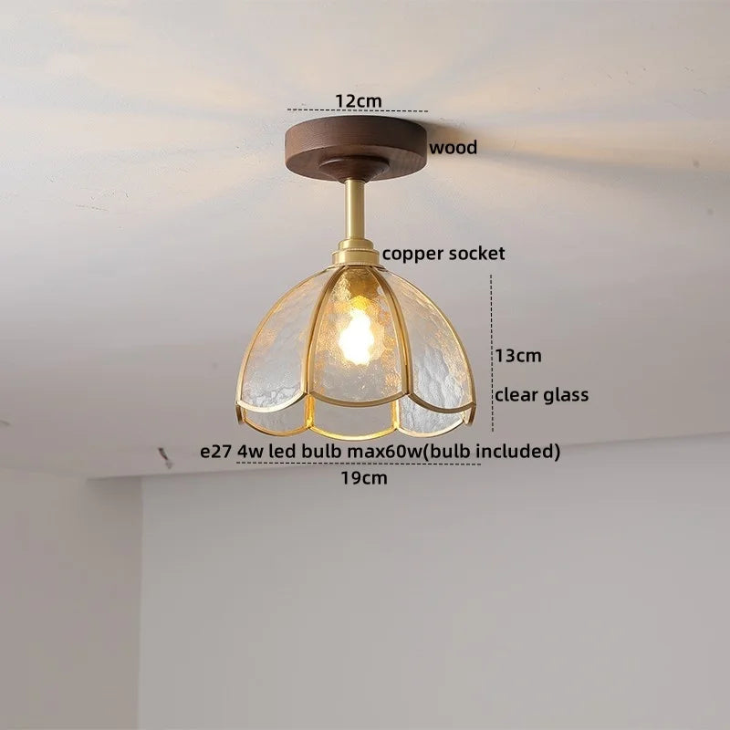 Green Glass Ceiling Lamp Copper Wood Accent
