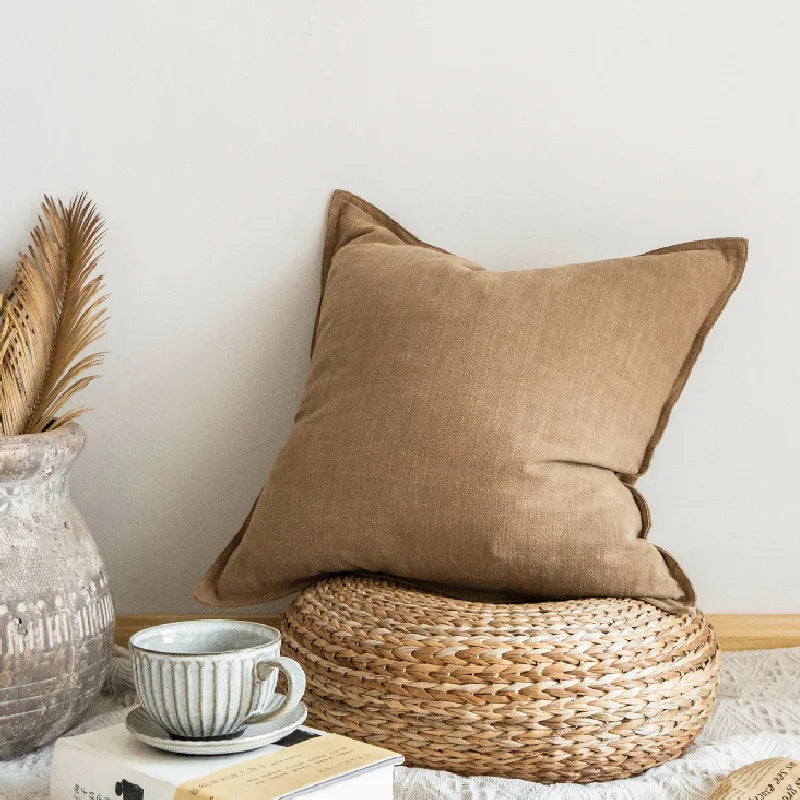 DecorBites™ Linen Pillow Cover 45x45cm Plain Fringed for Home Sofa Bed Decoration