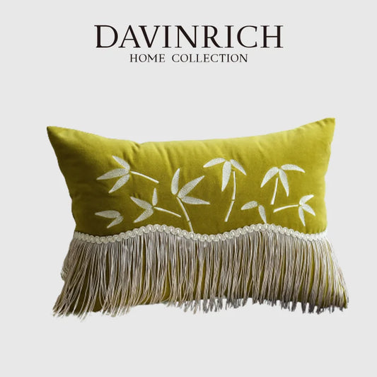 DecorBites™ Bamboo Embroidered Fringed Velvet Lumbar Pillow Cover 30x50cm Luxurious Artistic Oriental Style